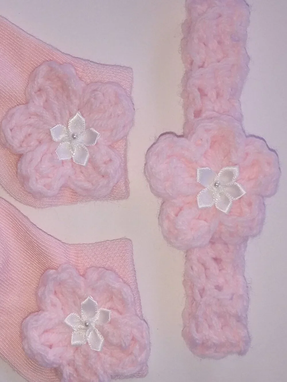 Handmade Crochet Baby Girl Dress Set 0-3 Months, Pink & White Outfit & headband